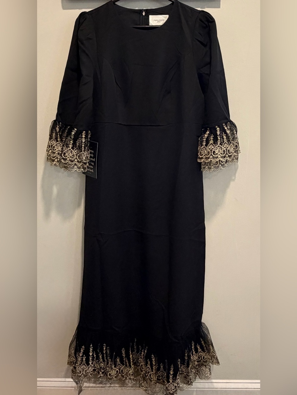 Pomander Place Lillith Maxi Dress Black with Gold Lace Trim Ruffle Hem Size L